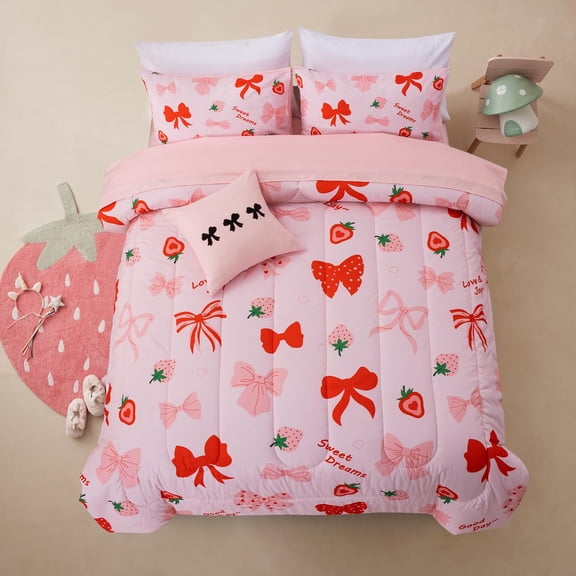 Bed-in-a-Bag Blush Full 6 Piece Princess Style Bow Printed Bedding Set