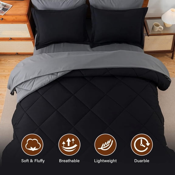 Bed in a Bag Full Reversible Comforter Sets 7pcs All Season Down Alternative Bedding Sets Black and Grey