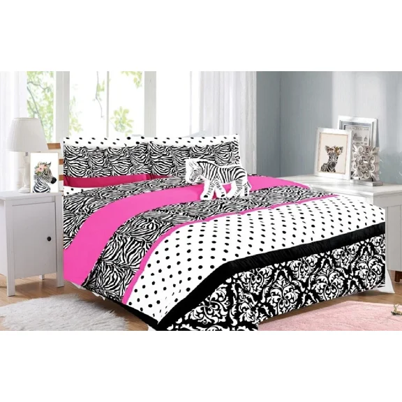 Bed in a Bag Full Size 8-Piece Mosaic Stripes Zebra Comforter with Plushie Toy Friend Bedroom Decor