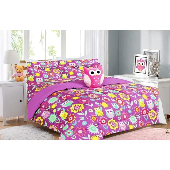 Bed in a Bag Full Size 8-Piece Owl Purple Comforter with Plushie Toy Friend Bedroom Decor
