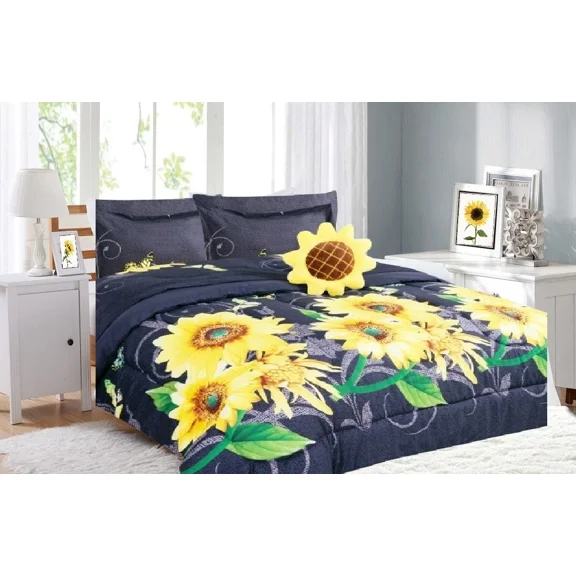 Bed in a Bag Full Size 8-Piece Sunflower Black Comforter with Plushie Toy Friend Bedroom Decor