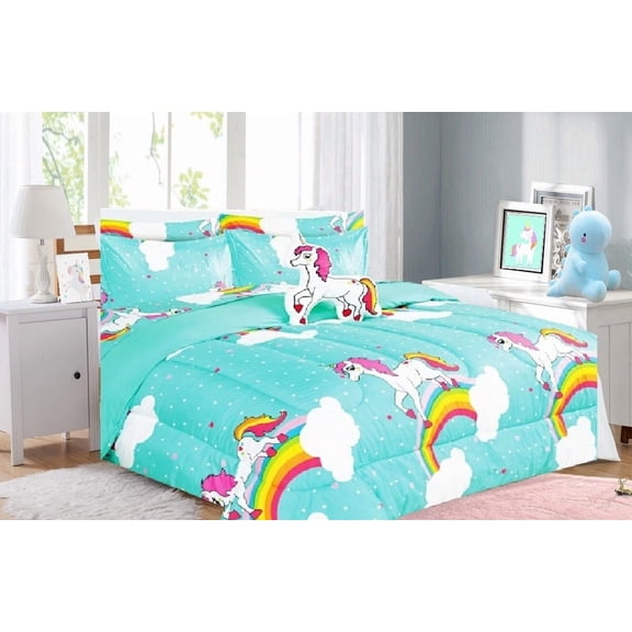 Bed in a Bag Full Size 8-Piece Unicorn Blue Mint Comforter with Plushie Toy Friend Bedroom Decor