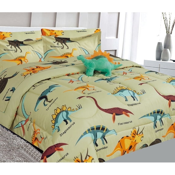 Bed in bag Comforter Dinosaur Taupe for Kids with Matching Sheet Set and Pillow Plush Toy Super Soft Girl Boy print design in TWIN size