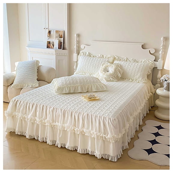 Bed skirt bedspread with ruffles, thickening bed sheet satin plain thickening fitted sheet, wrinkle-resistant and fade-resistant