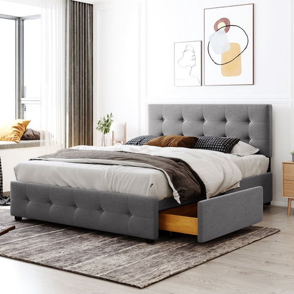 Bed with 4 Big Drawers | No Box Spring, Comfortable Linen Backrest