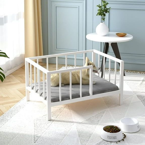 Bed with Rails - Elevated Pet Bed Frame with Solid Board and Washable Soft Mat for Small Indoor or Outdoor Use, 21.3" x 30 ", White