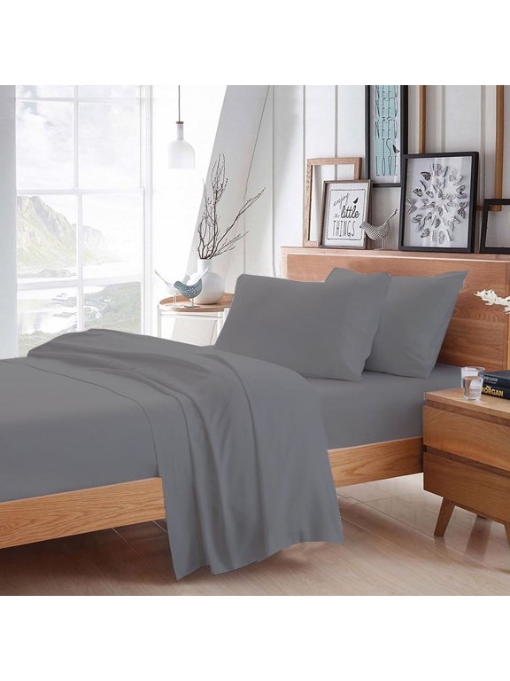 100% Egyptian Cotton 4 Pcs Sheet Set Solid 15 inches (Silver,Queen)