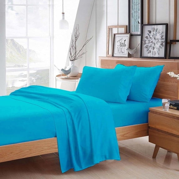 BedDecor 100% Egyptian Cotton 4 Pcs Sheet Set Solid 18 inches (Turquoise Blue,Twin)