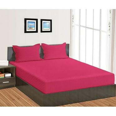 BedDecor 100% Egyptian Cotton 600TC 1PC Fitted Sheet Stripe (Hot Pink, King)