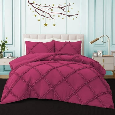 BedDecor 100% Egyptian Cotton Hot Pink Full/Queen Size 3Pcs Diamond Ruffle Duvet Set Solid