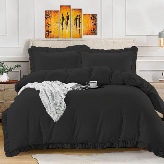 BedDecor 100% Egyptian Cotton Ruffle Trim Fringe Duvet Cover Set: Elegance with a Delicate Touch |King/California King, Black
