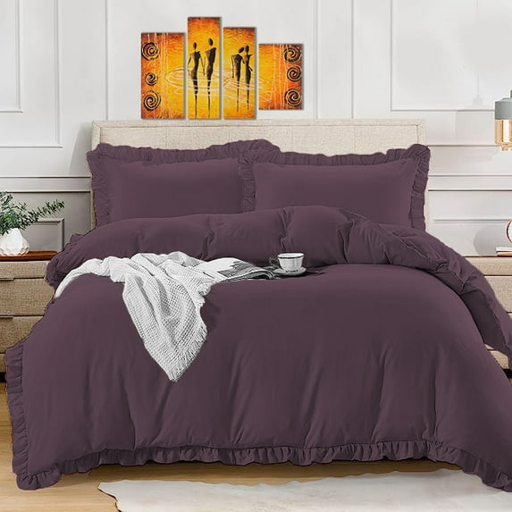 BedDecor 100% Egyptian Cotton Ruffle Trim Fringe Duvet Cover Set: Elegance with a Delicate Touch |King/California King, Plum
