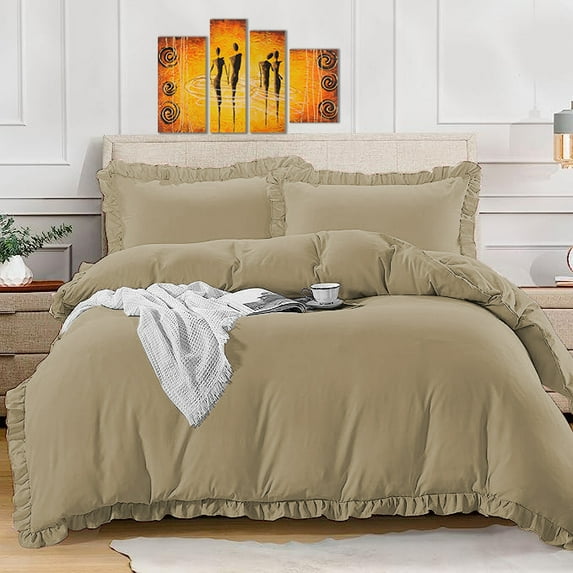 BedDecor 100% Egyptian Cotton Ruffle Trim Fringe Duvet Cover Set: Elegance with a Delicate Touch |King/California King, Taupe
