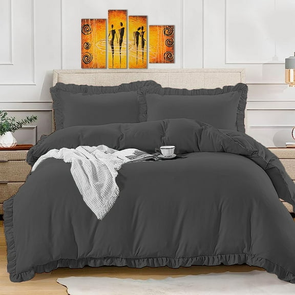 BedDecor 100% Egyptian Cotton Ruffle Trim Fringe Duvet Cover Set: Elegance with a Delicate Touch |Oversize King, Dark Grey