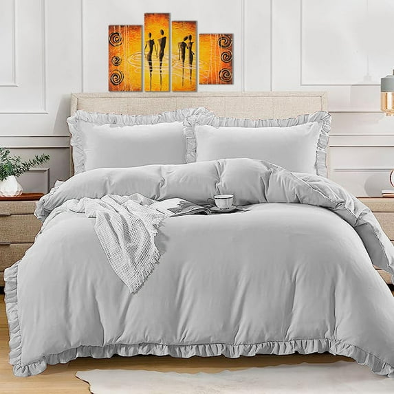 BedDecor 100% Egyptian Cotton Ruffle Trim Fringe Duvet Cover Set: Elegance with a Delicate Touch |Oversize King, Silver