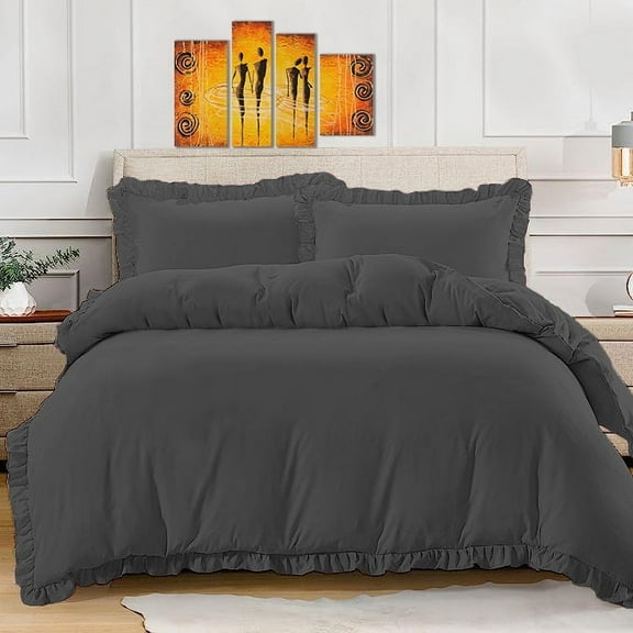 BedDecor 100% Egyptian Cotton Ruffle Trim Fringe Duvet Cover Set: Elegance with a Delicate Touch |Oversized King, Charcoal Grey