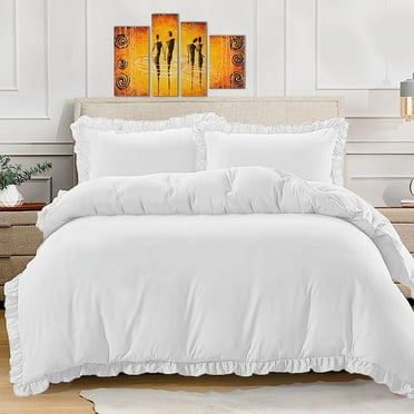 BedDecor 100% Egyptian Cotton Ruffle Trim Fringe Duvet Cover Set: Elegance with a Delicate Touch |Oversized King, White