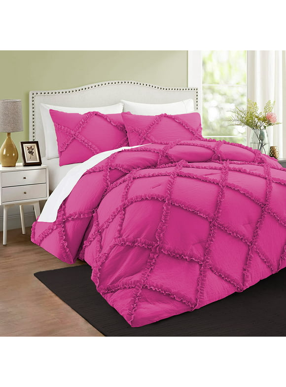BedDecor 3 PC Luxury Diamond Ruffle "Hot Pink, Twin/Twin XL" 800 TC 100% Long Staple Egyptian Cotton Made Down Alternative Comforter