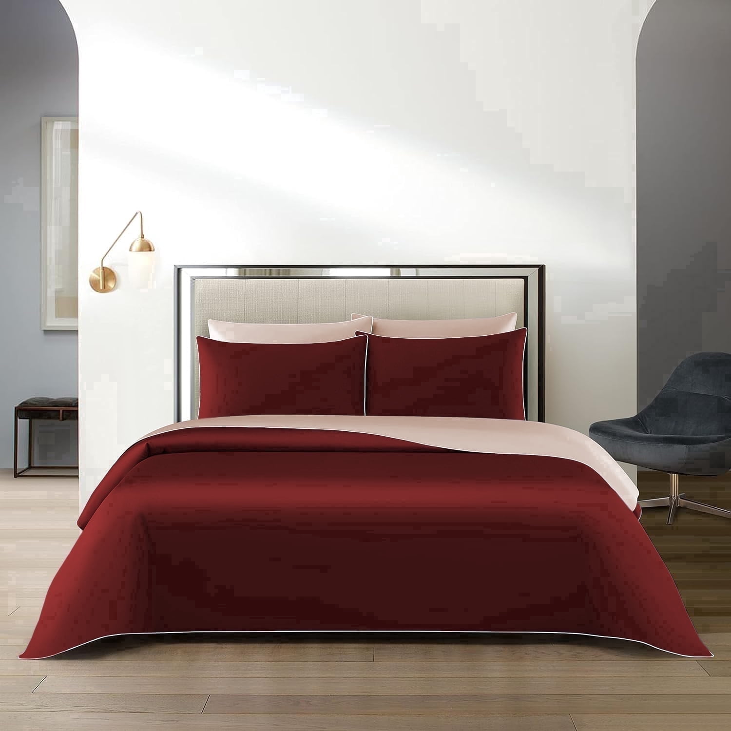 BedDecor 3-Piece Reversible Duvet Cover Set in Blush & Burgundy for Queen/Full: Versatile Elegance for Your Bedroom