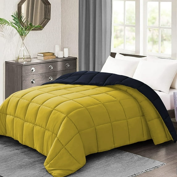 BedDecor 300 GSM 1Pcs Reversible Solid (Yellow-Navy Blue, Oversize King) 100% Egyptian Cotton Base Down Alternative Comforter