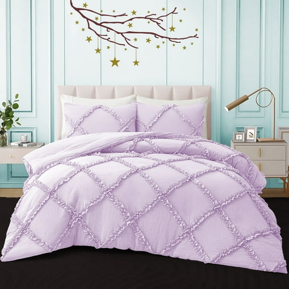 BedDecor 400TC 100% Egyptian Cotton 3PC Lilac Twin/Twin XL Size Diamond Ruffle Duvet Cover Set