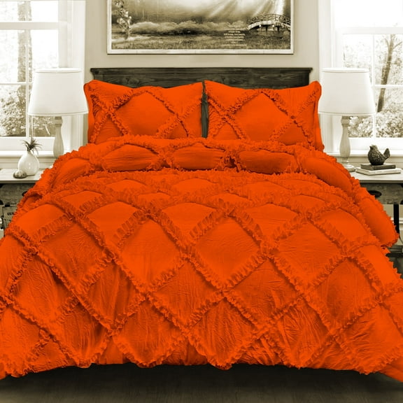 BedDecor 400TC 100% Egyptian Cotton 3PC Orange Full/Queen Size Diamond Ruffle Duvet Cover Set