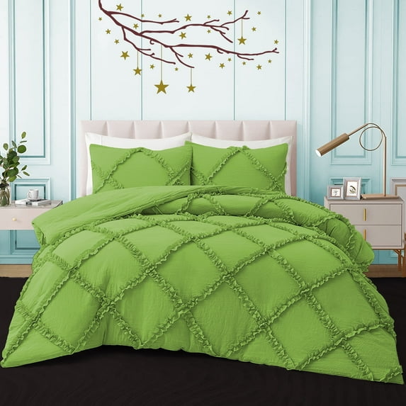 BedDecor 400TC 100% Egyptian Cotton 3PC Parrot Green King/California King Size Diamond Ruffle Duvet Cover Set