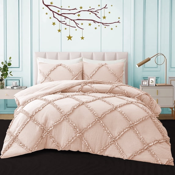 BedDecor 400TC 100% Egyptian Cotton 3PC Peach Oversized King Size Diamond Ruffle Duvet Cover Set