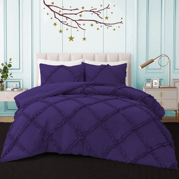 BedDecor 400TC 100% Egyptian Cotton 3PC Purple Twin/Twin XL Size Diamond Ruffle Duvet Cover Set