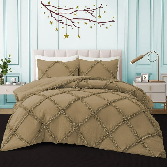 BedDecor 400TC 100% Egyptian Cotton 3PC Taupe King/California King Size Diamond Ruffle Duvet Cover Set
