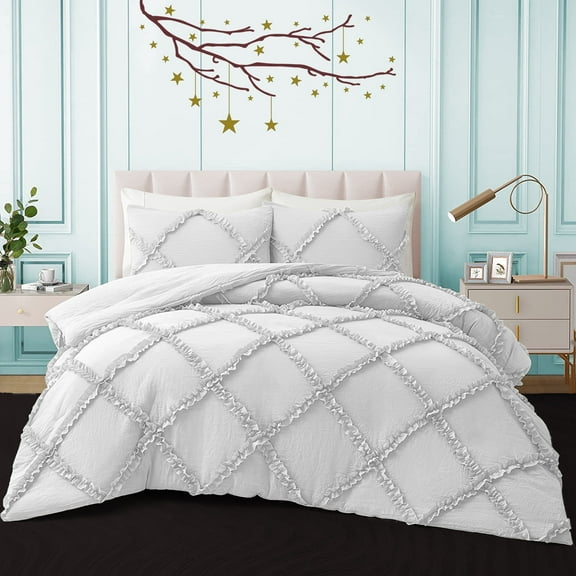 BedDecor 400TC 100% Egyptian Cotton 3PC White Twin/Twin XL Size Diamond Ruffle Duvet Cover Set