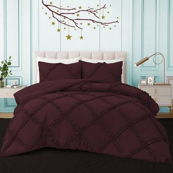 BedDecor 400TC 100% Egyptian Cotton 3PC Wine Twin/Twin XL Size Diamond Ruffle Duvet Cover Set