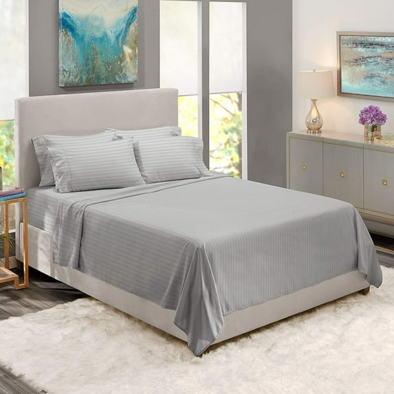 BedDecor 600 TC 100% Egyptian Cotton 6 Pcs Sheet Set Stripe 15 inches (Silver,Cal-King)