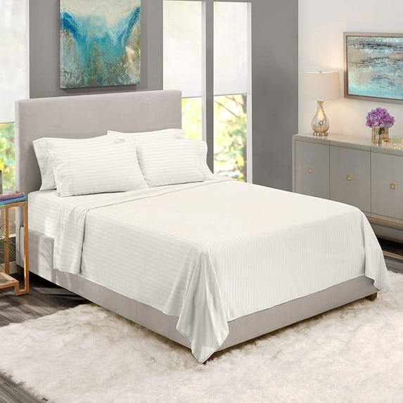 BedDecor 600 TC 100% Egyptian Cotton 6 Pcs Sheet Set Stripe 15 inches (White,Full)