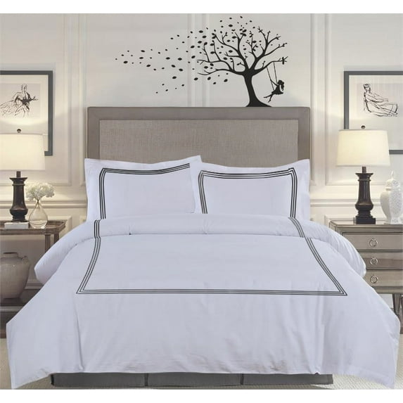 BedDecor 600TC 100% Egyptian Cotton Dark Gray King/California King Size 3PC 1PC Duvet and 2 Pillow Case 3-Stripe Embroidery Duvet Cover Set Solid Pattern