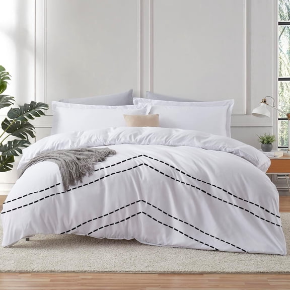 BedDecor 600TC Arrow Geometric Embroidered Egyptian Cotton Duvet Cover Set: A 3-Piece Masterpiece Oversized King, White