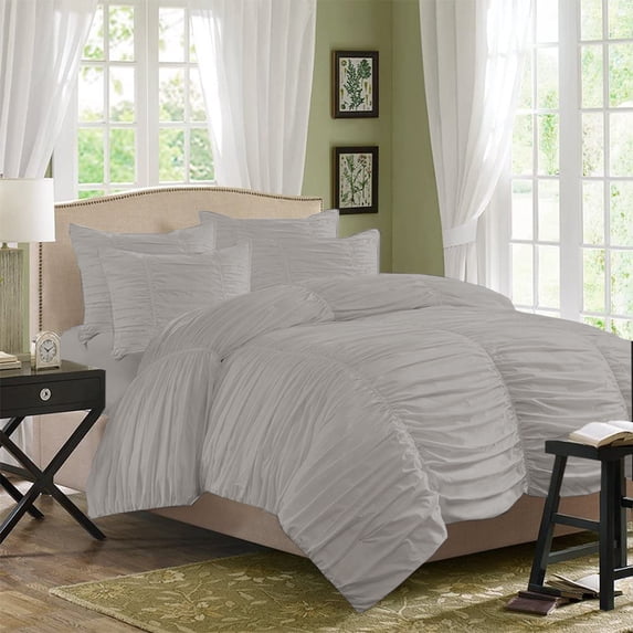 BedDecor Modern Heirloom Emily Texture 5PCs Gathered Solid (Silver, Twin/Twin XL) 100% Egyptian Cotton Base Duvet Set