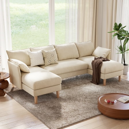 BedLuxury 100" U-Shape Sectional Sofa with Chaise, Chenille Modern Couch with High Legs for Living Room, Apartment, Beige