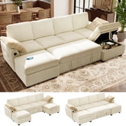 BedLuxury 104 Large Modular Sectional Sleeper Sofa with Pull Out Bed, USB Charging & Storage Ottoman, U Shaped Couch for Living Room, Chenille Beige