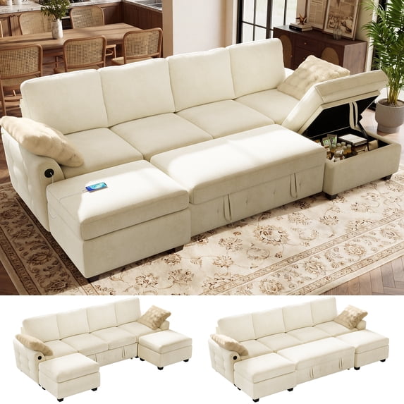 BedLuxury 104" Large Modular Sectional Sleeper Sofa with Pull Out Bed ...