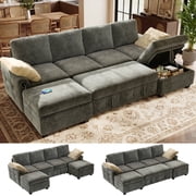 BedLuxury 104" Large Modular Sectional Sleeper Sofa with Pull Out Bed, USB Charging & Storage Ottoman, U Shaped Couch for Living Room, Chenille Gray
