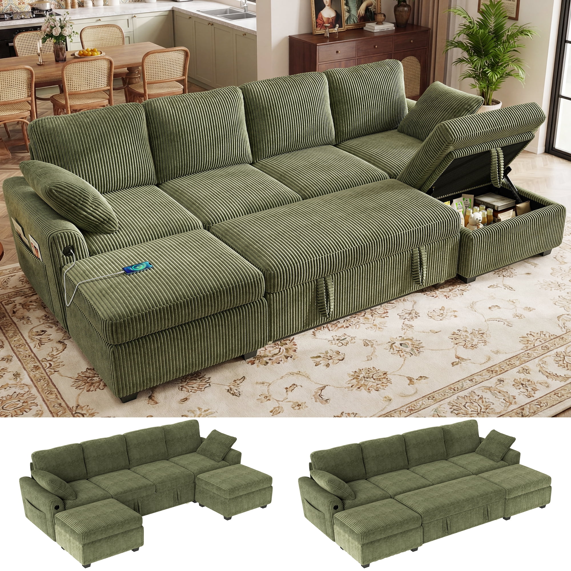 BedLuxury 104" Large Modular Sectional Sleeper Sofa with Pull Out Bed ...