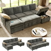 BedLuxury 104" Large Sectional Cofa with Pull Out Bed, Storage Ottoman & USB Charging , U Shaped Sleeper Couch for Living Room, Chenille Gray