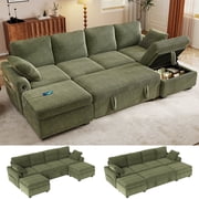 BedLuxury 104" Large Sectional Sofa with Pull Out Bed, Storage Ottoman & USB Charging , U Shaped Sleeper Couch for Living Room, Corduroy Green