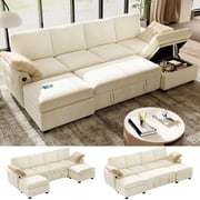 BedLuxury 104 Large Sectional Sofa with Pull Out Bed, Storage Ottoman & USB Charging , U Shaped Sleeper Couch for Living Room, Chenille Beige