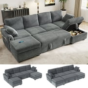 BedLuxury 104 Large Sectional Sofa with Pull Out Bed, Storage Ottoman & USB Charging , U Shaped Sleeper Couch for Living Room, Corduroy Gray
