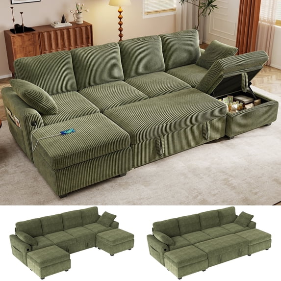 BedLuxury 104" Large Sectional Sofa with Pull Out Bed, Storage Ottoman & USB Charging , U Shaped Sleeper Couch for Living Room, Corduroy Green