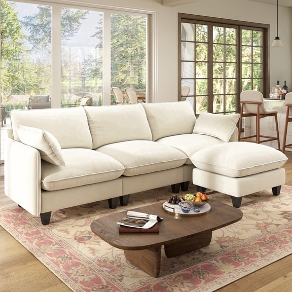 BedLuxury 105" Modular Sectional Sofa with Movable Ottoman, L-Shaped Deep Seat Cloud Couch for the Living Room, 3-Seat, Beige