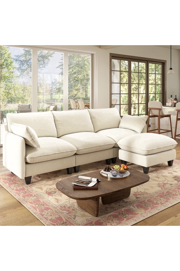 105" Modular Sectional Sofa with Movable Ottoman, L-Shaped Deep Seat Cloud Couch for the Living Room, 3-Seat, Beige