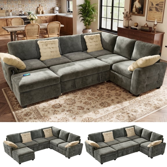 BedLuxury 106" Large Modular Sectional Sleeper Sofa with Pull Out Bed, USB Charging & Large Storage, Couch for Living Room, Chenille Gray